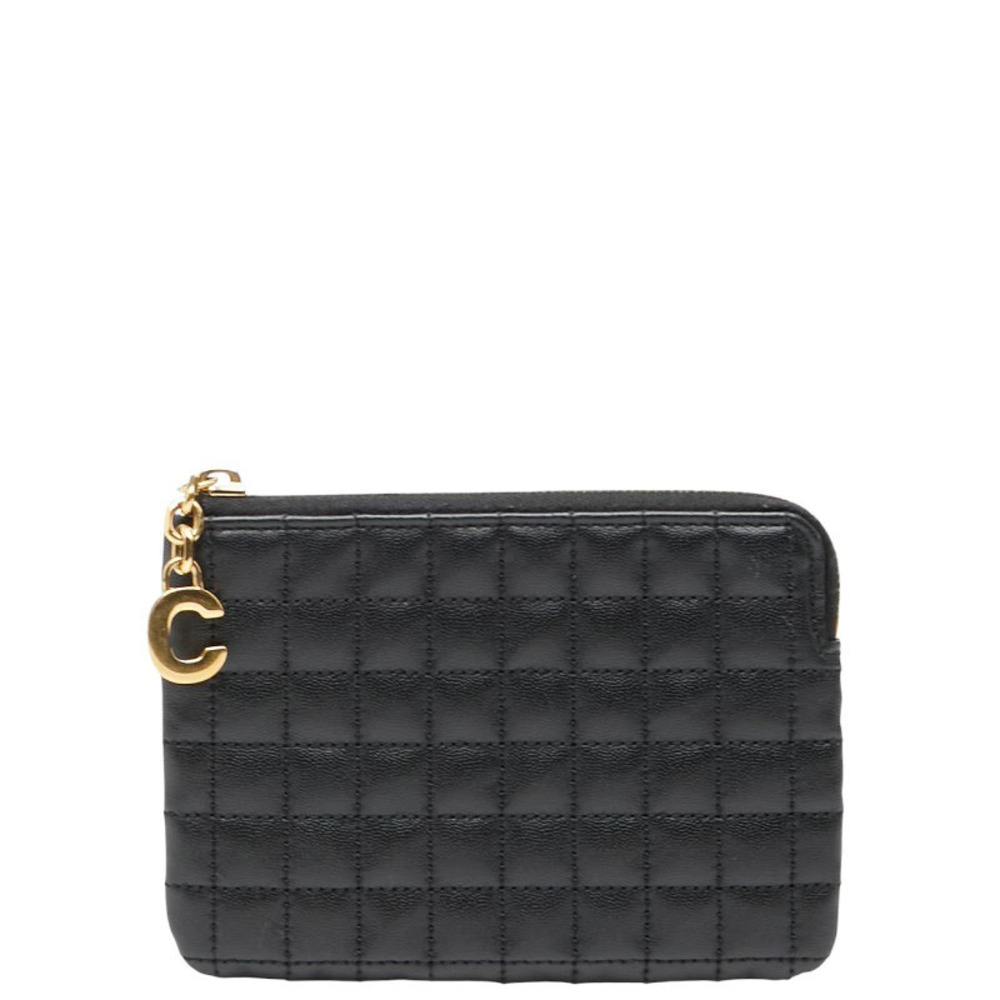 Celine C Charm Quilted coin case Wallet Card Black Leather